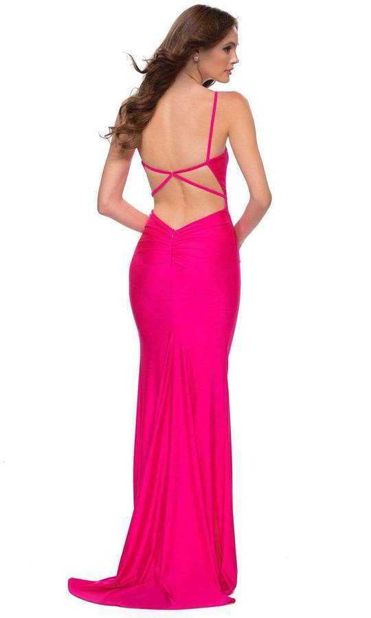 La Femme, La Femme - Open Back Ruched Long Dress 29966 - 2 pc in Neon Pink Available