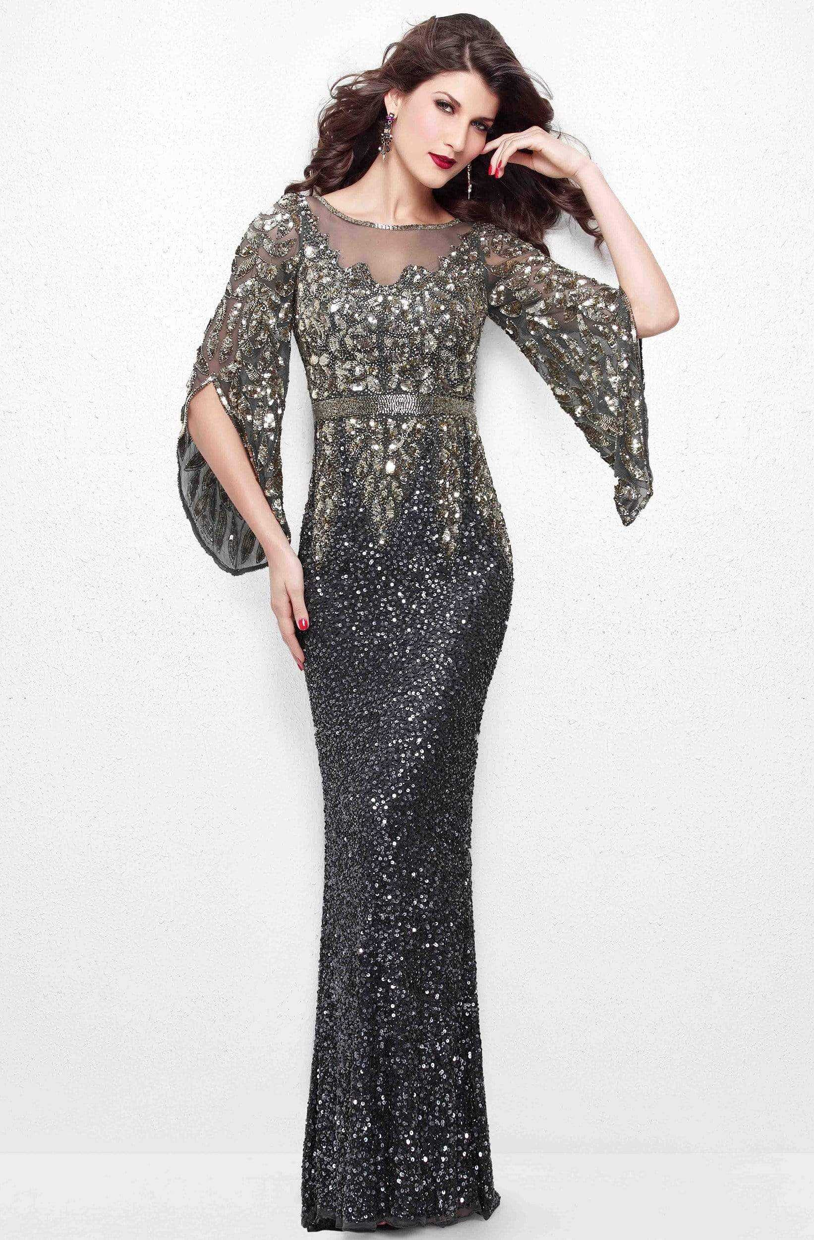 Primavera Couture, Primavera Couture - Stunning Two-Tone Sequin Embellished Long Gown with Batwing Sleeves 1424