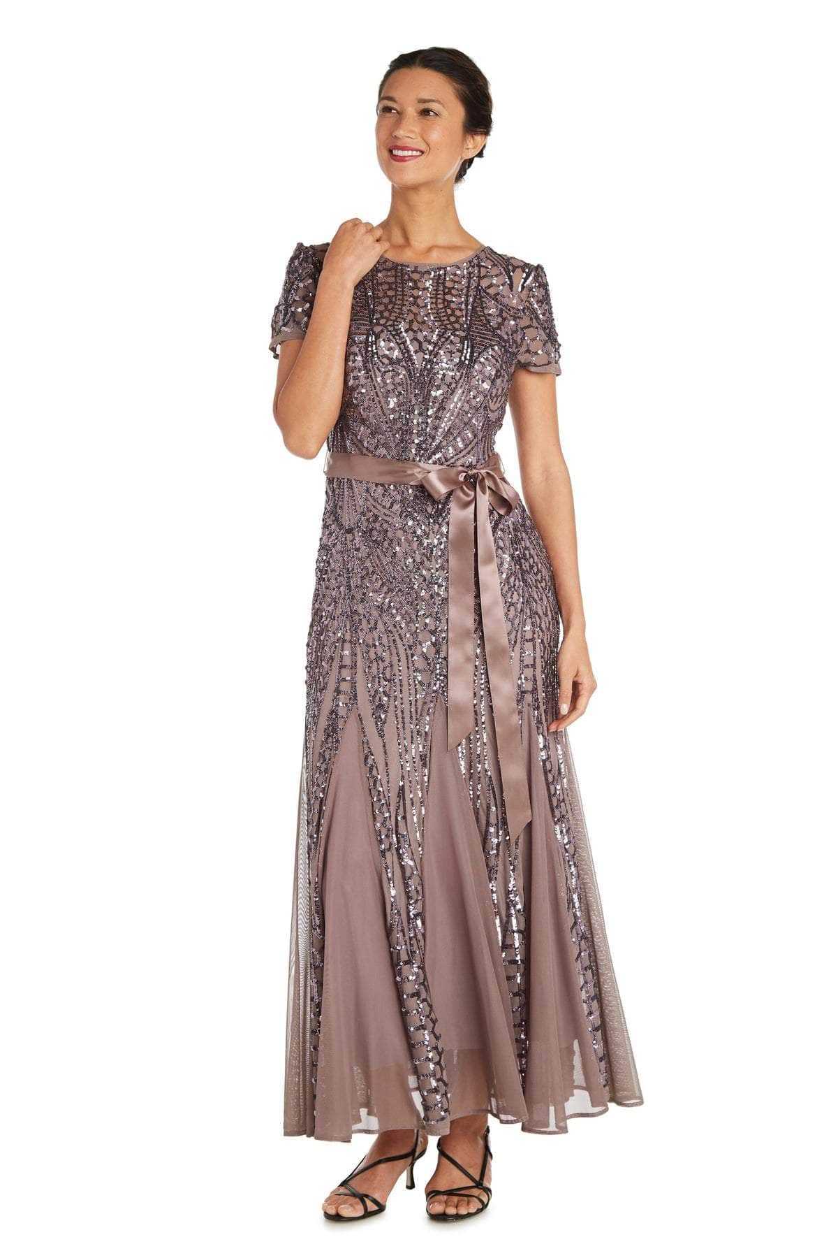 R&M Richards, R&M Richards - 1875W Plus Size Embellished Gown with Satin Waist Tie - 1 pc Mocha In Size 16W Available