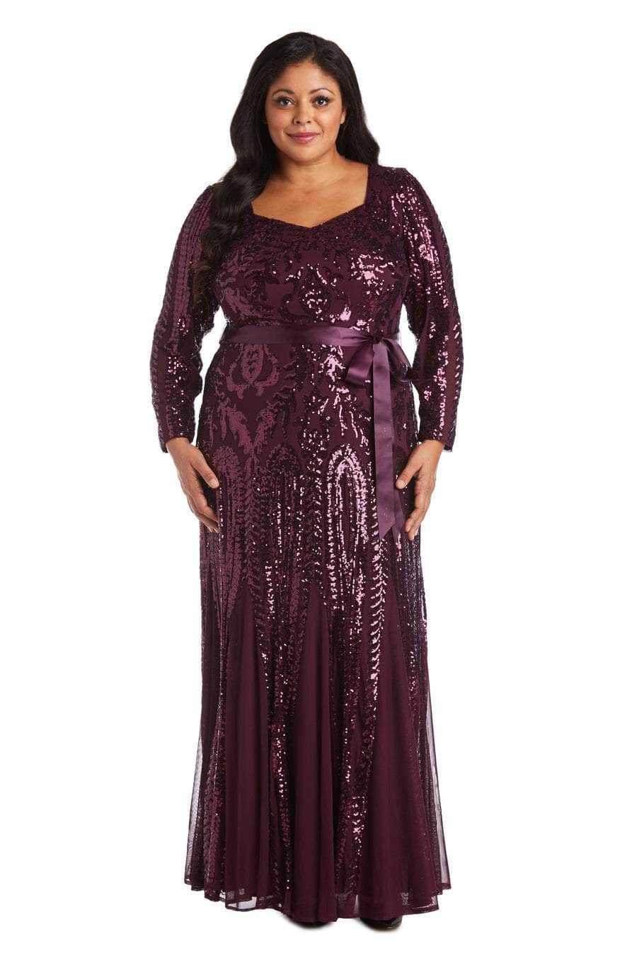 R&M Richards, R&M Richards - Long Sleeve Glitter Evening Gown 5623W - 1 pc Burgundy In Size 22W Available