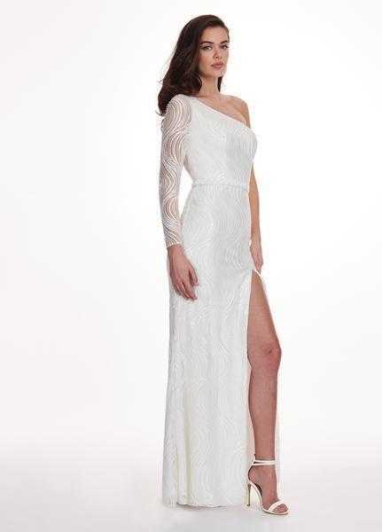 Rachel Allan, Rachel Allan - 6468 Asymmetrical Neck One Shoulder Long Sleeved Slit Evening Gown - 1 pc White In Size 04 Available