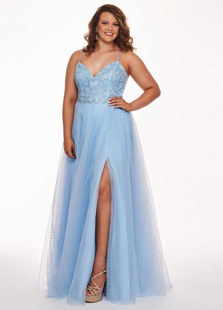 Rachel Allan, Rachel Allan - 6680 Sleeveless V-Neck Double Strapped Beaded Gown with Slit - 1 pc Powder Blue In Size 28W Available