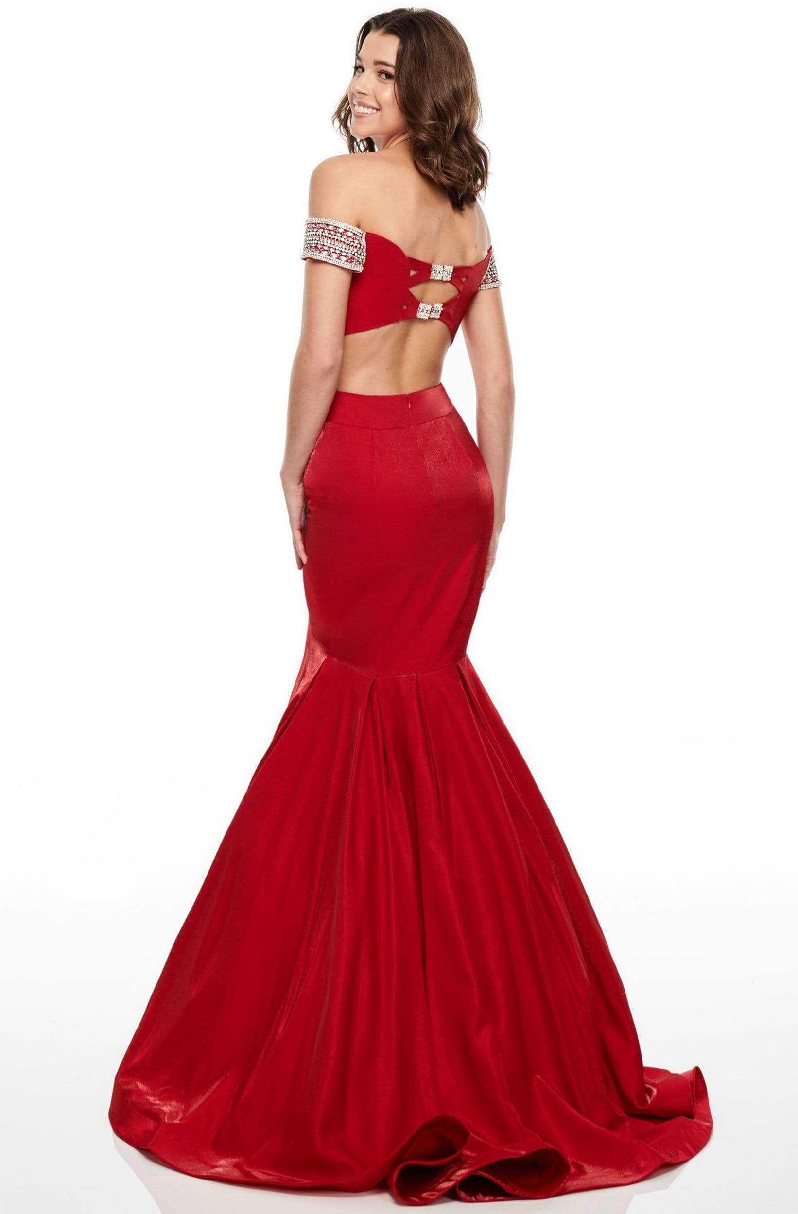 Rachel Allan, Rachel Allan - 7016 Illusion Deep Off-Shoulder Prom Dress - 1 pc Deep Red In Size 6 Available