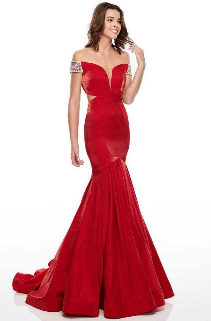 Rachel Allan, Rachel Allan - 7016 Illusion Deep Off-Shoulder Prom Dress - 1 pc Deep Red In Size 6 Available