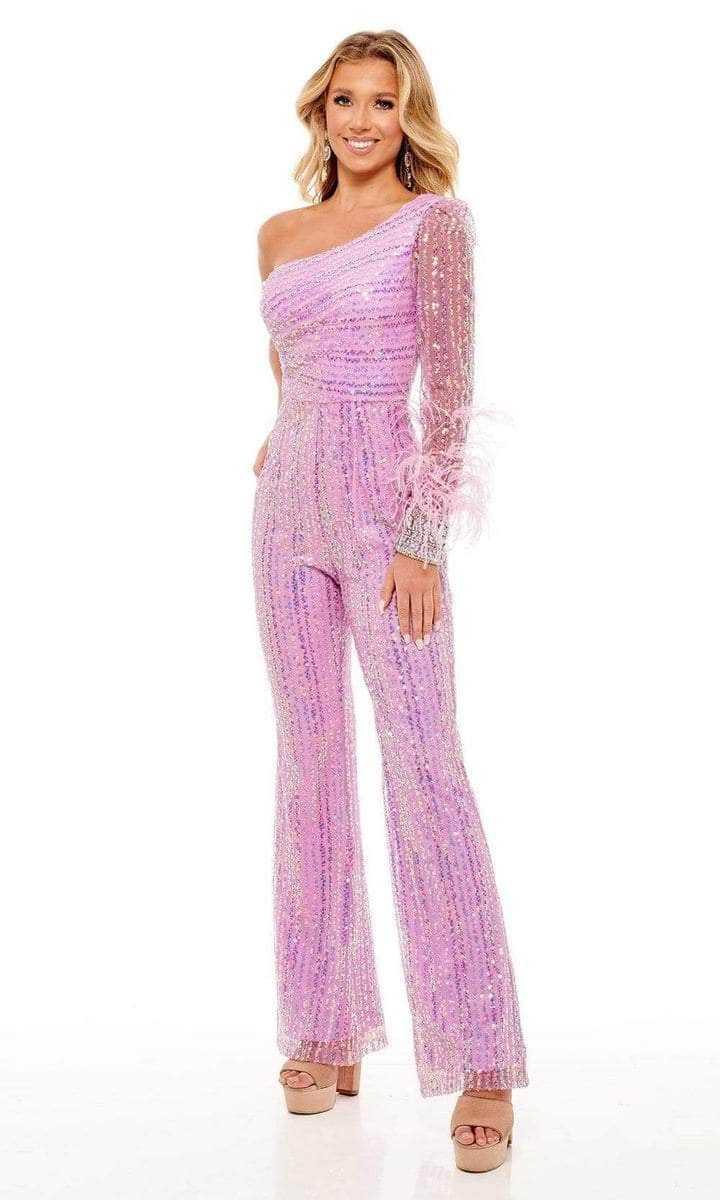 Rachel Allan, Rachel Allan - Feathered Sleeve Sequin Jumpsuit 50105 - 1 pc Lilac in Size 02 Available