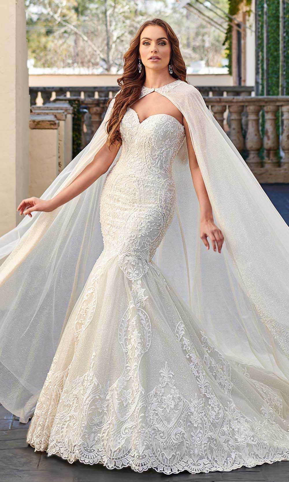 Rachel Allan, Rachel Allan - M781 Embroidered Lace Mermaid Wedding Gown With Cape