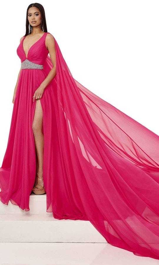 Rachel Allan, Rachel Allan - Plunging V-Neck Evening Dress 50043 - 1 pc Bright Pink Multi In Size 2 Available