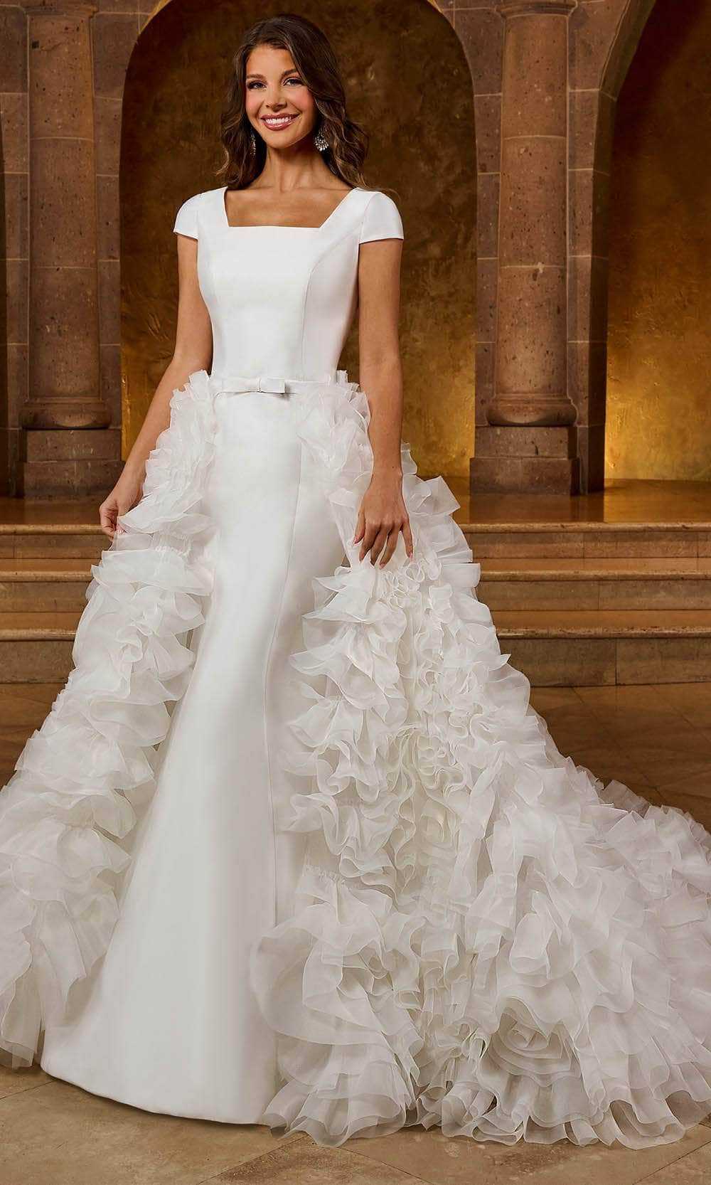 Rachel Allan, Rachel Allan RB5036 - Ruffled Overskirt Cap Sleeve Bridal Gown