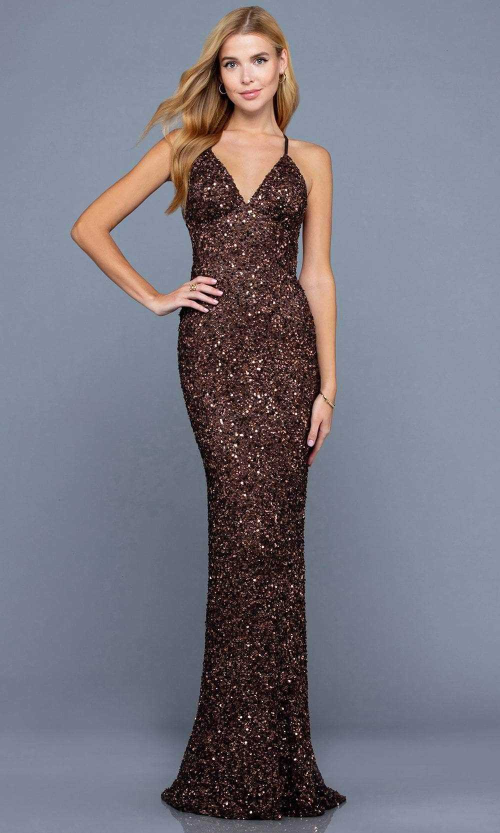 SCALA, SCALA - 47551 Sequined Open Back Fitted Evening Gown
