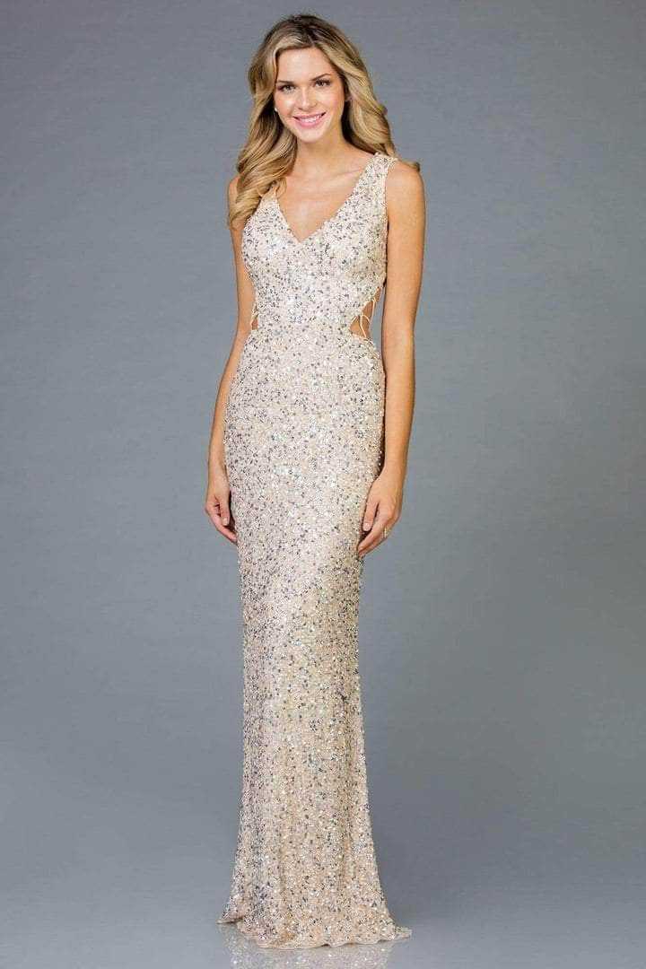 SCALA, SCALA - 48962 Shimmering V-neck Long Dress - 1 pc Cream in Size 0 Available