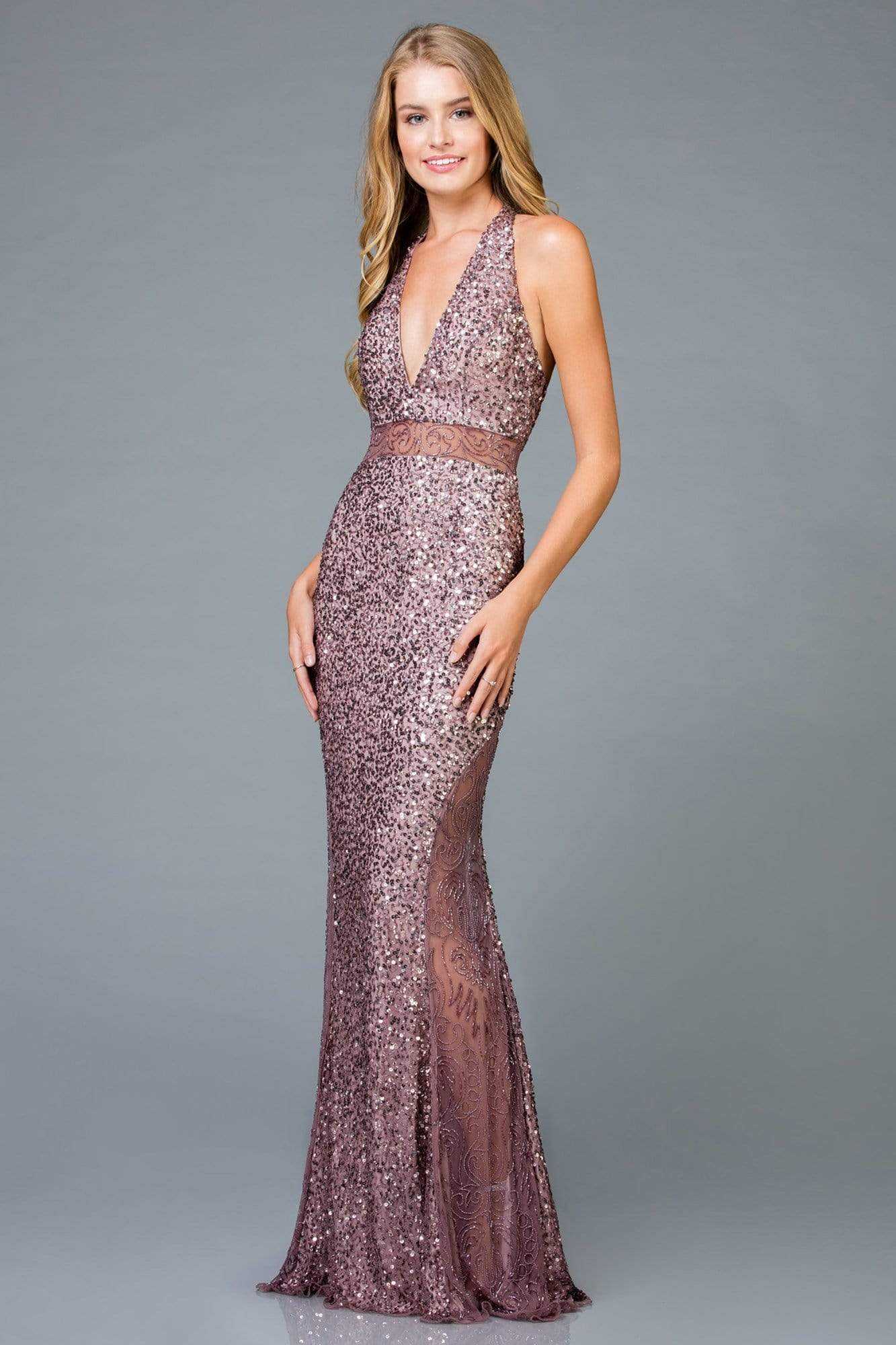 SCALA, SCALA - 48983 Sequined Deep V-neck Fitted Dress
