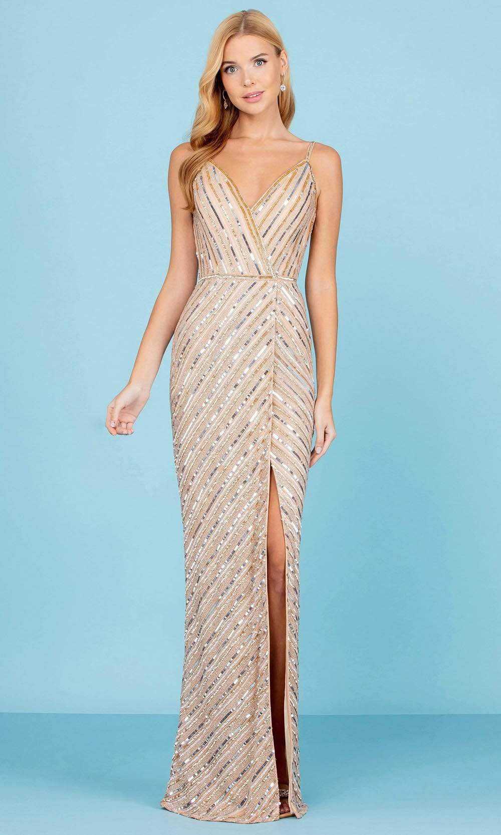 SCALA, SCALA - 60258 Striped Sequin V-Neck Gown