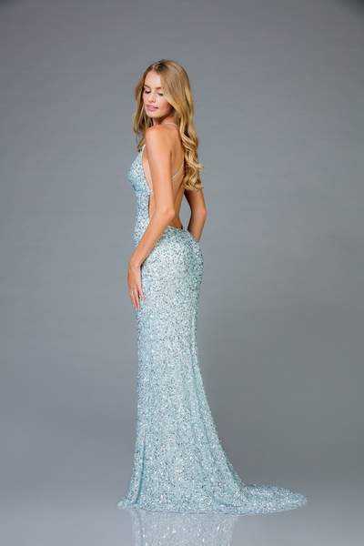 SCALA, SCALA - Allover Sequin Backless Sheath Evening Gown with Slit 48938 - 1 pc New Rose in Size 4 Available
