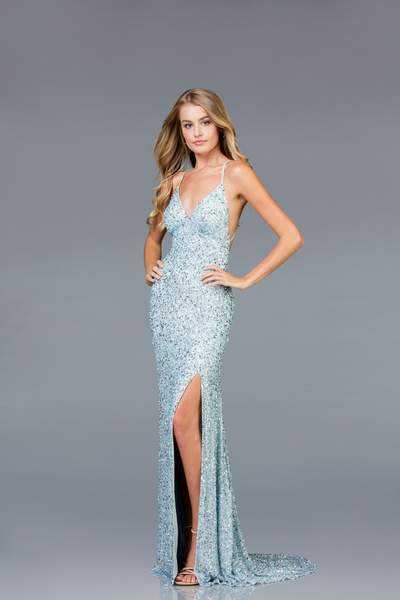 SCALA, SCALA - Allover Sequin Backless Sheath Evening Gown with Slit 48938 - 1 pc New Rose in Size 4 Available