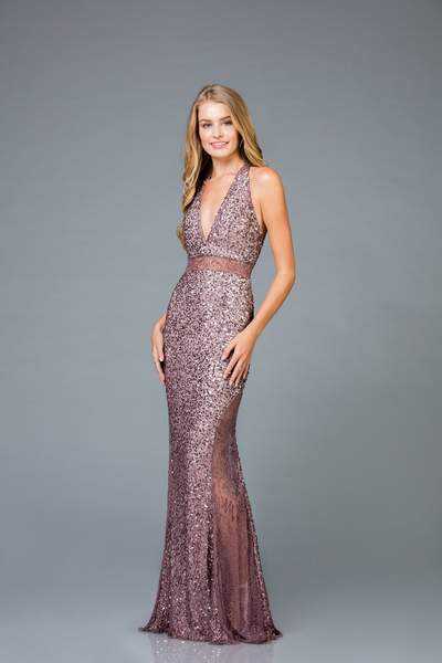 SCALA, SCALA - Sequined Deep V-neck Fitted Dress 48983 - 1 pc Amethyst In Size 2 Available