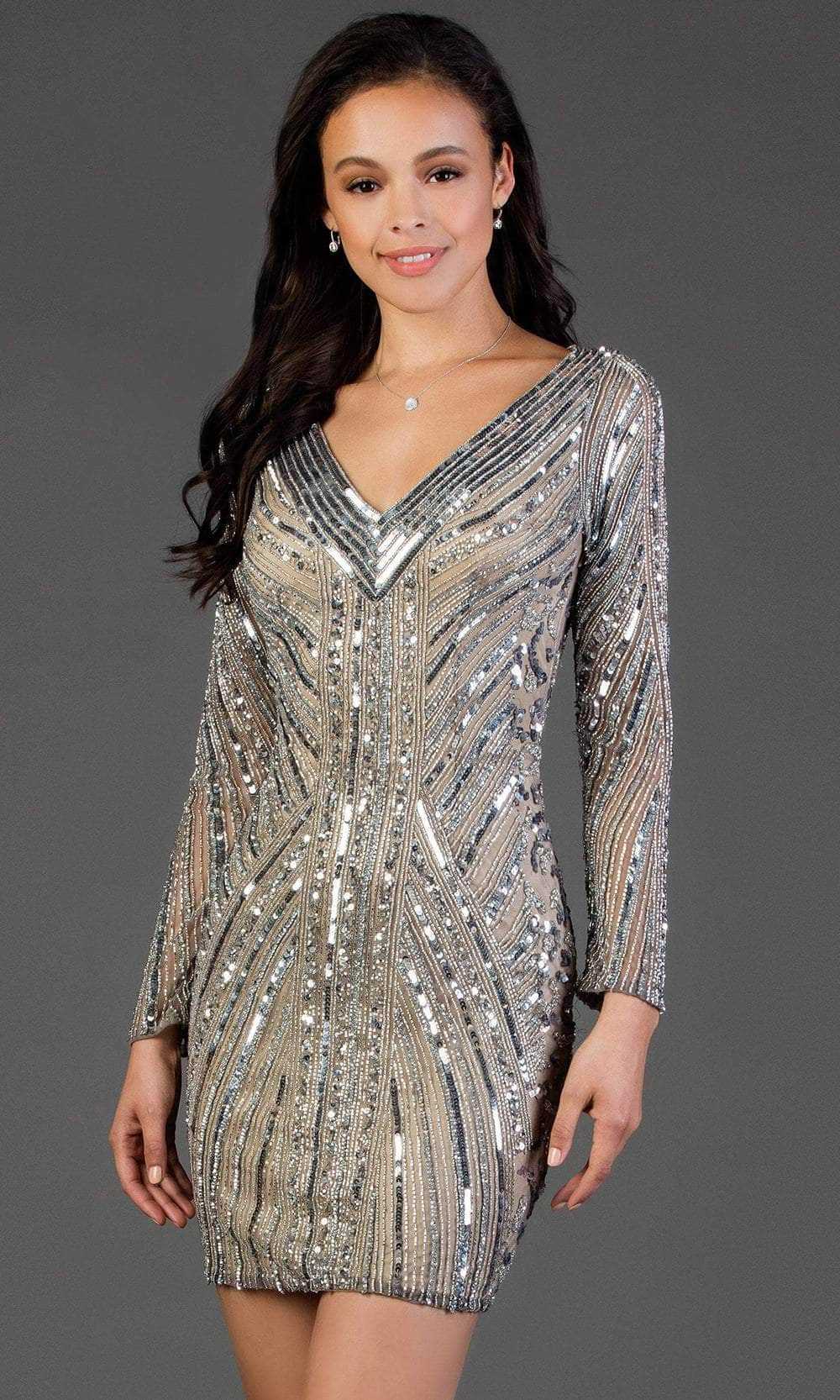 SCALA, SCALA - Sequined Long Sleeve V-neck Sheath Dress 60056 - 1 pc Lead/Sil In Size 12 Available