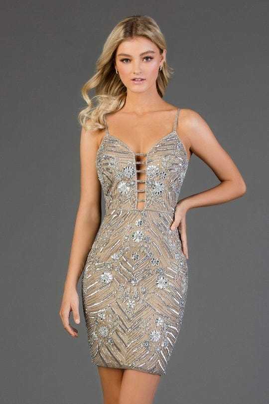 SCALA, SCALA - V-Neck Cutout Formal Dress 60055 - 1 pc Lead/Silver In Size 10 Available