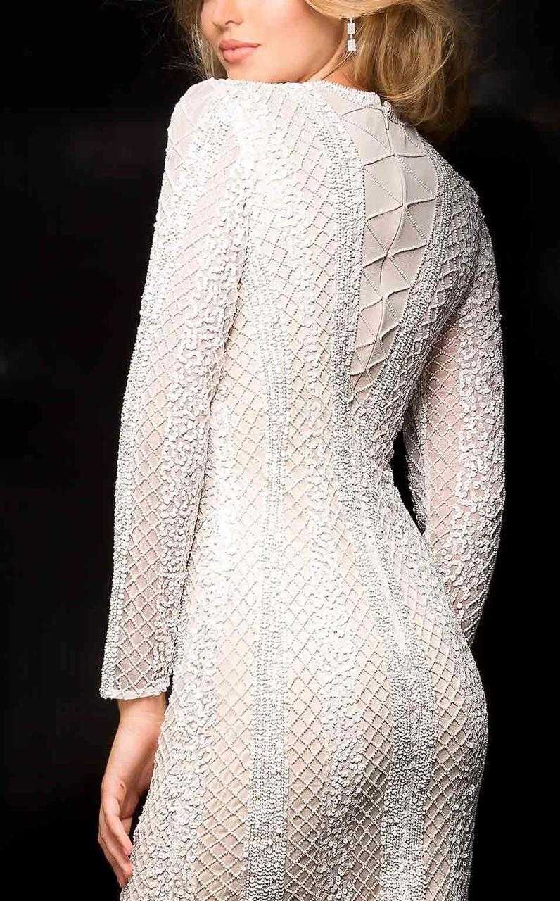 SCALA, Scala - 48728 Long Sleeve Lattice Stripe Illusion Dress in Platinum