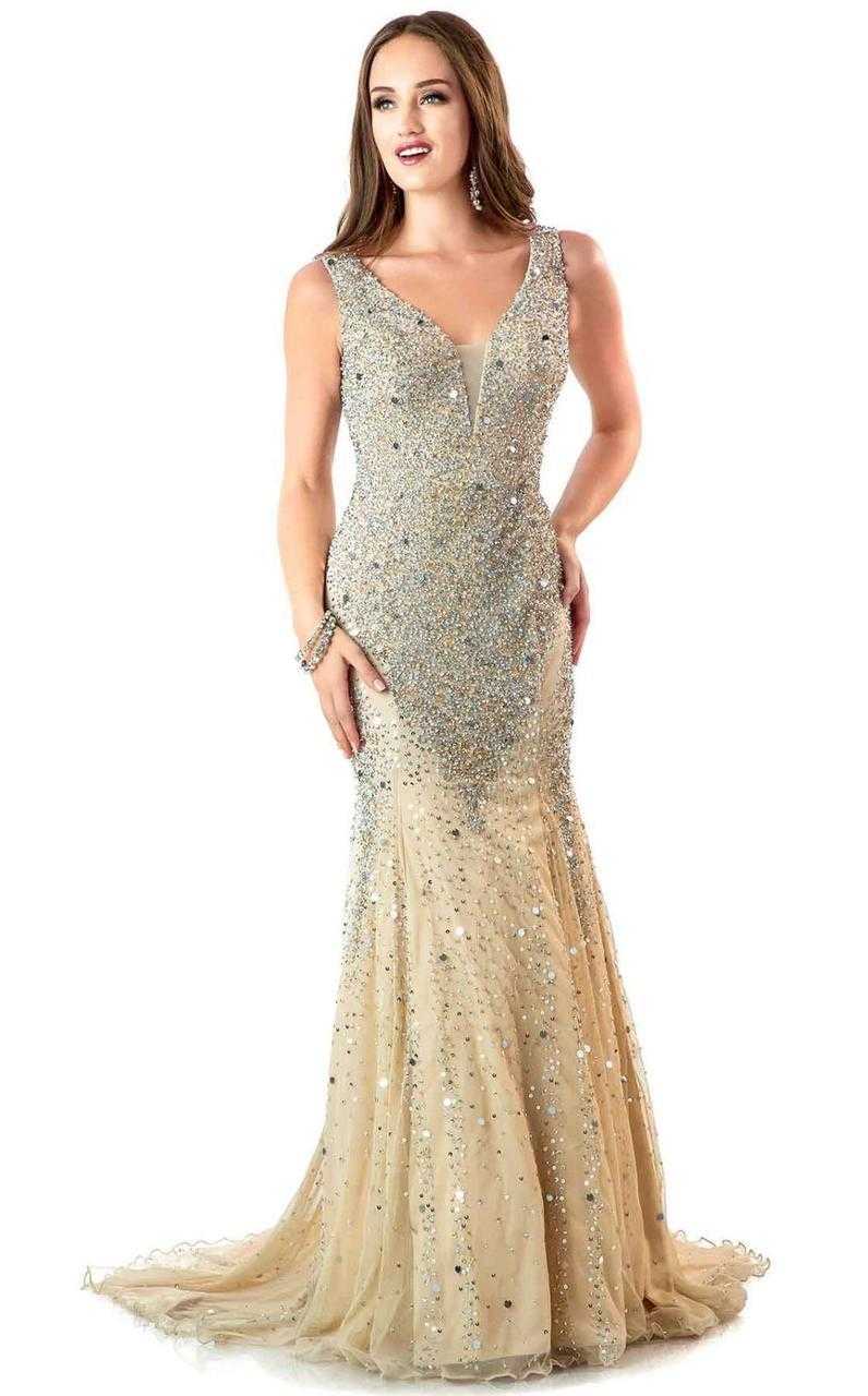 Shail K, Shail K 1143 Star Studded V Neck Long Prom Dress - 1 pc Nude/Silver In Size 16 Available