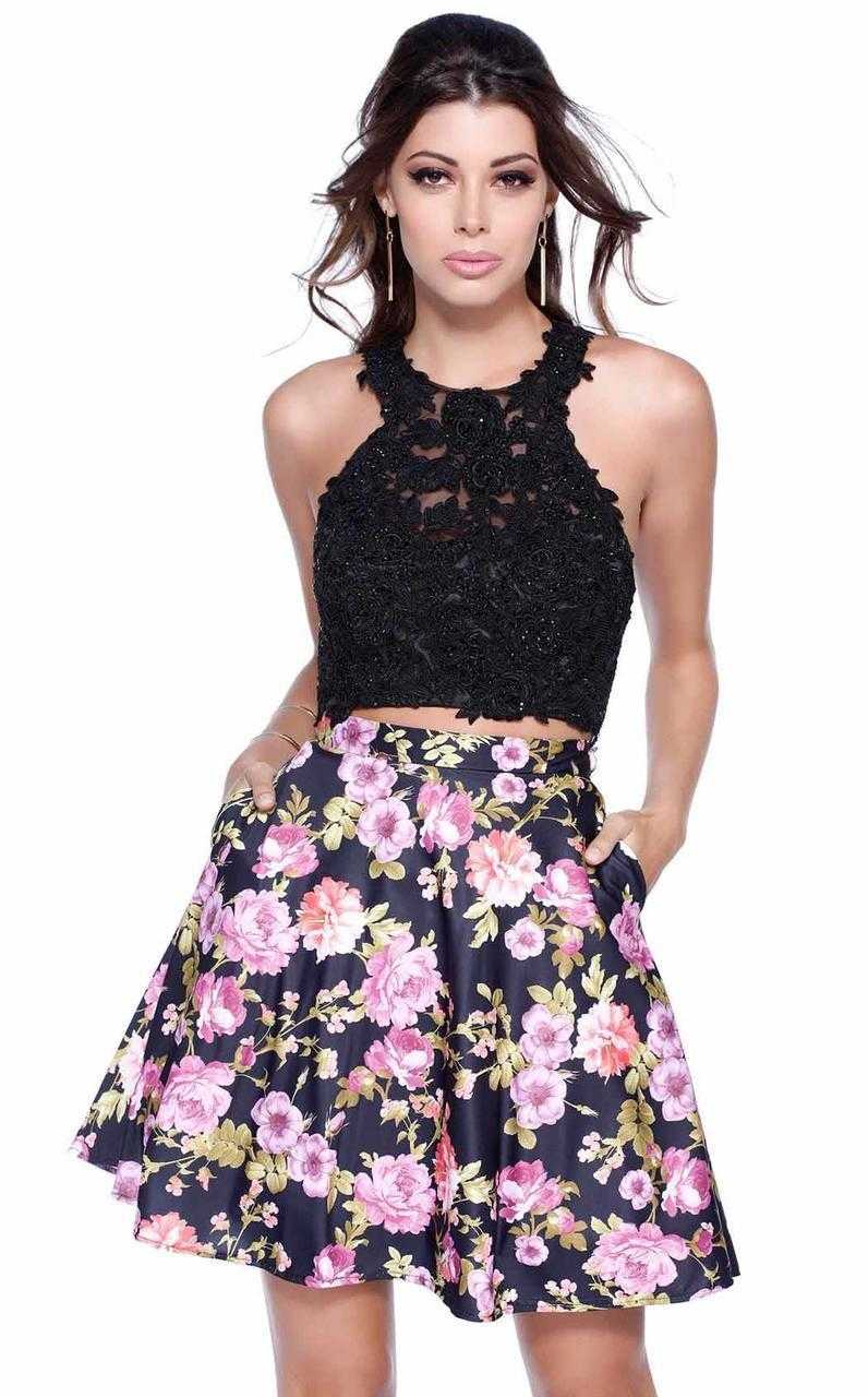 Shail K, Shail K 4023 Two Piece Lace Floral Skirt with Criss Cross Back