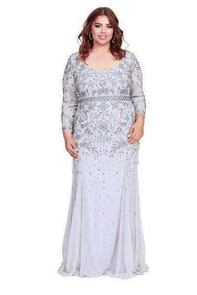 Shail K, Shail K - Bedazzled Long Sleeve V-neck Trumpet Dress 12162W - 1 pc Navy In Size 18W Available