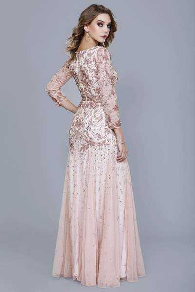 Shail K, Shail K - Bejeweled Long Sleeve V-neck A-line Dress 12162 - 1 pc Rose In Size 6 Available