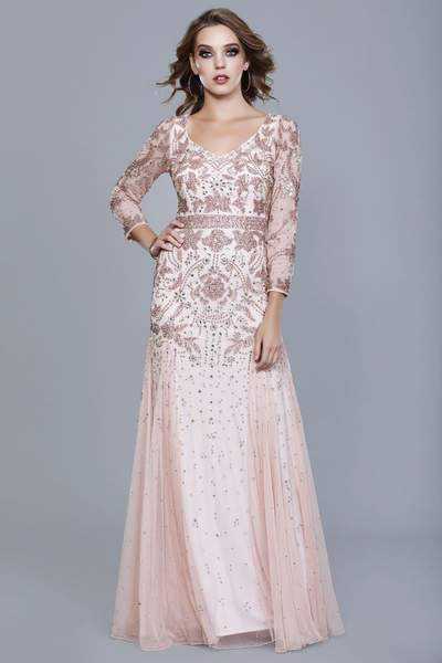 Shail K, Shail K - Bejeweled Long Sleeve V-neck A-line Dress 12162 - 1 pc Rose In Size 6 Available
