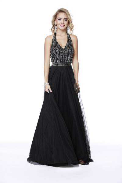Shail K, Shail K - Embellished Halter V-neck Tulle A-line Dress 12208 - 1 pc Black In Size 8 Available