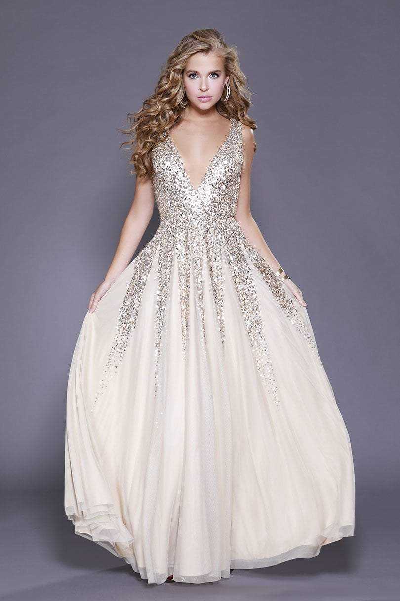 Shail K, Shail K Plunging V-Neck Sequined Tulle Gown 12134 - 1 pc Gold In Size 4 Available
