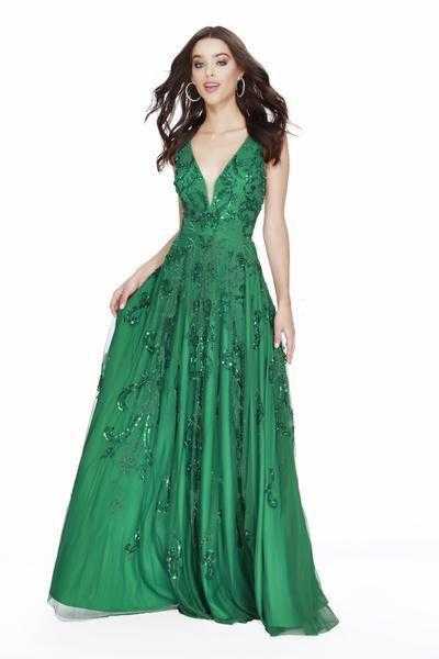 Shail K, Shail K - Sequin Embellished Plunging Back Long Gown 12227 - 1 pc Emerald In Size 10 Available
