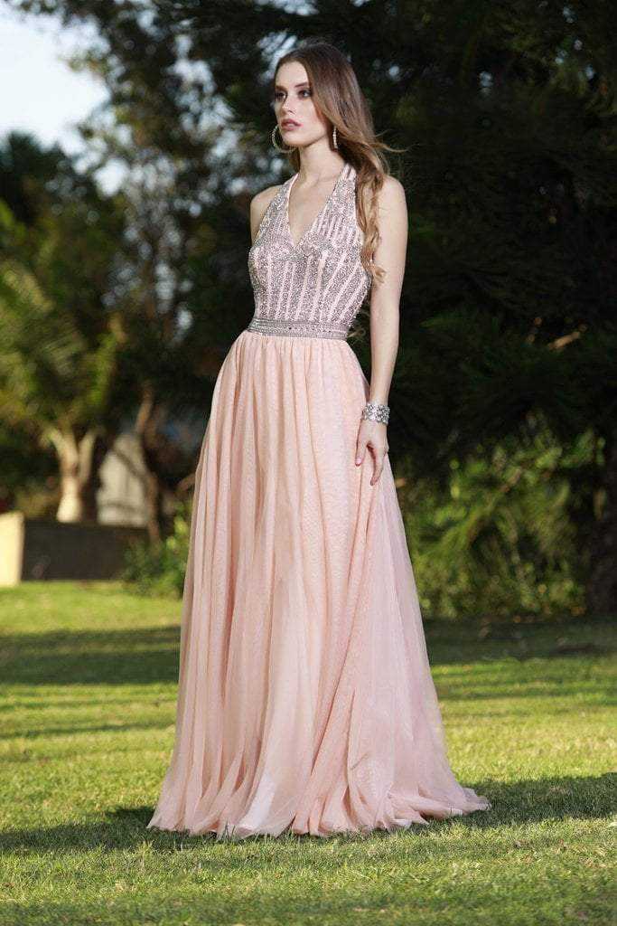 Shail K, Shail K - Sleeveless Embellished Halter A-line Dress 12113 - 1 Pc. Rose in size 8 Available
