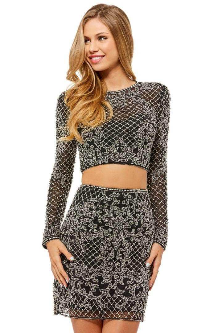 Sherri Hill, Sherri Hill - 52090 Two Piece Embroidered Long Sleeve Short Dress - 1 pc Black In Size 10 Available