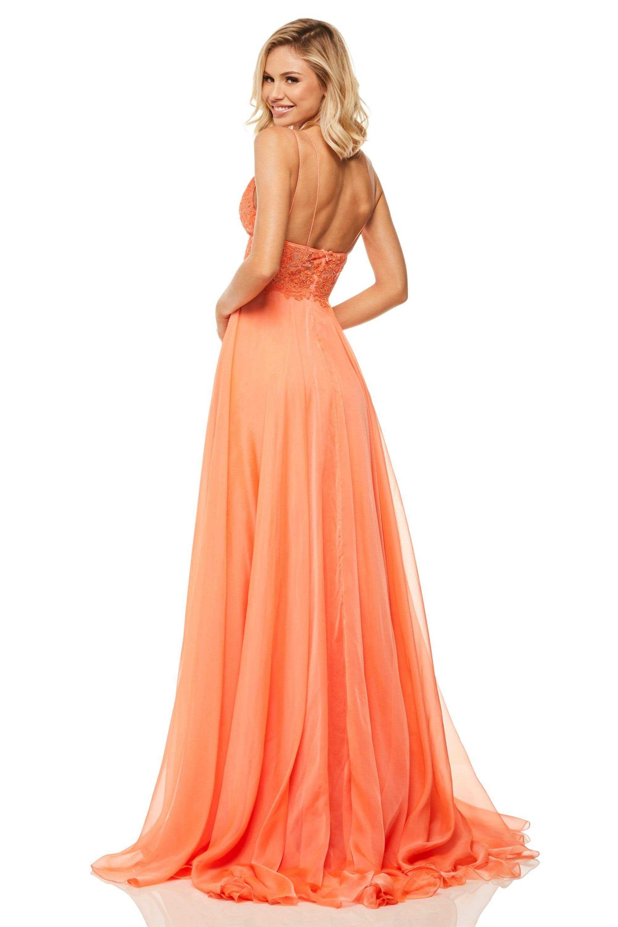 Sherri Hill, Sherri Hill - 52818 Long Appliqued Illusion Midriff Chiffon Dress