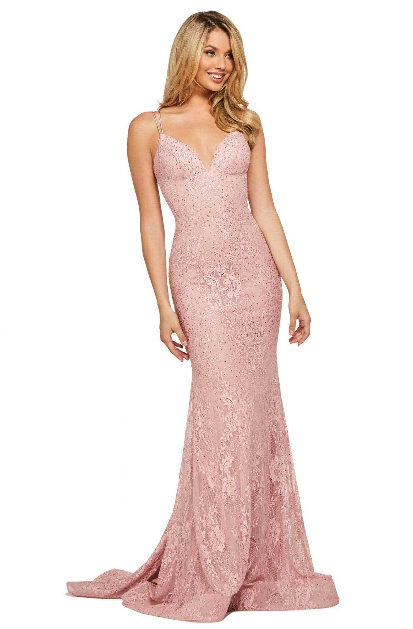 Sherri Hill, Sherri Hill - 53364 Plunging Lace Up Back Fitted Lace Dress