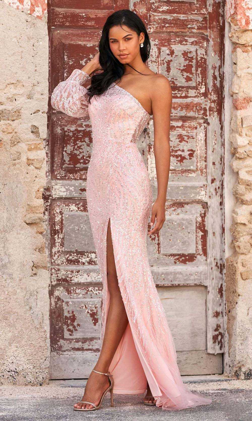 Sherri Hill, Sherri Hill - 55057 Glittered Slit Sheath Asymmetric Gown