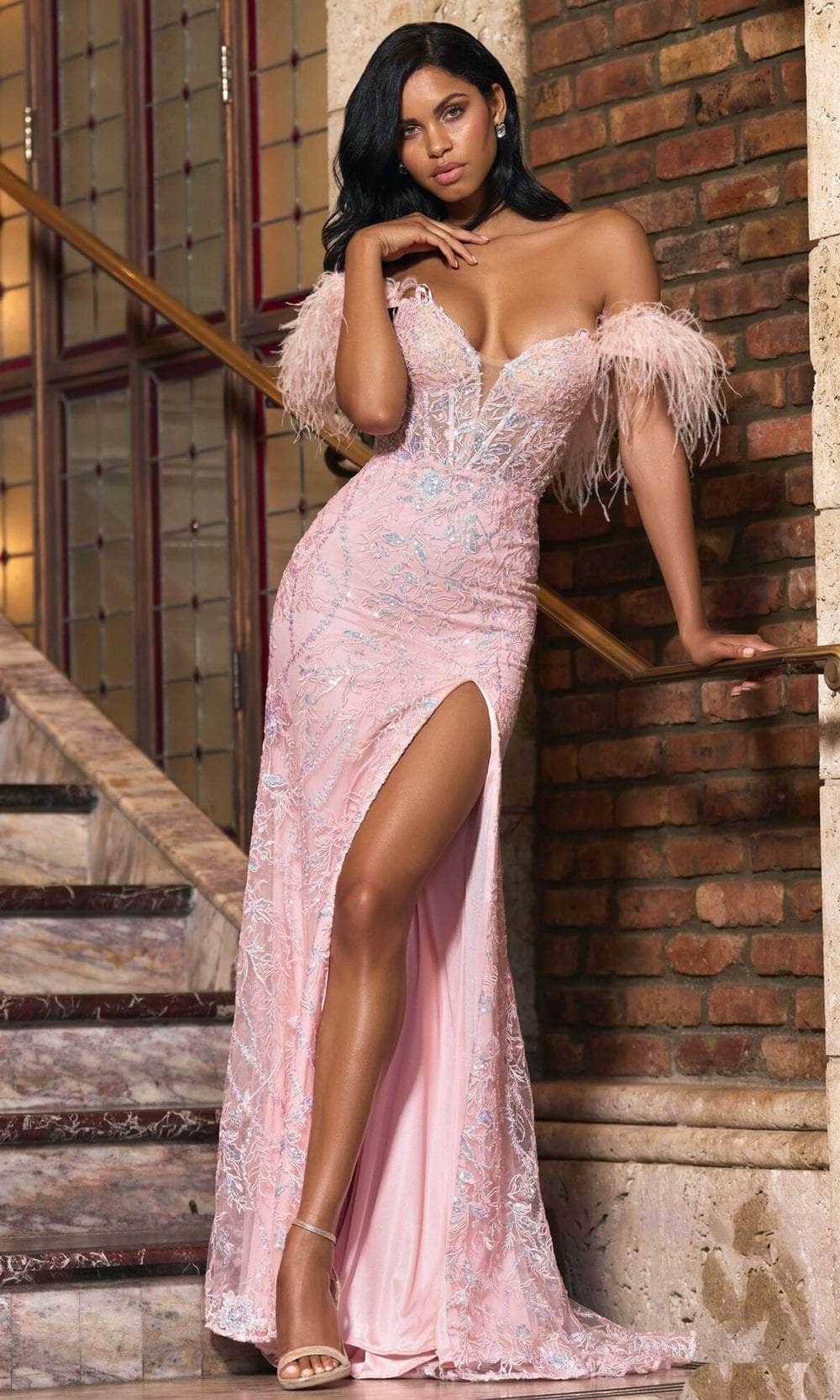 Sherri Hill, Sherri Hill 55201 - Feathered Off-Shoulder Prom Dress