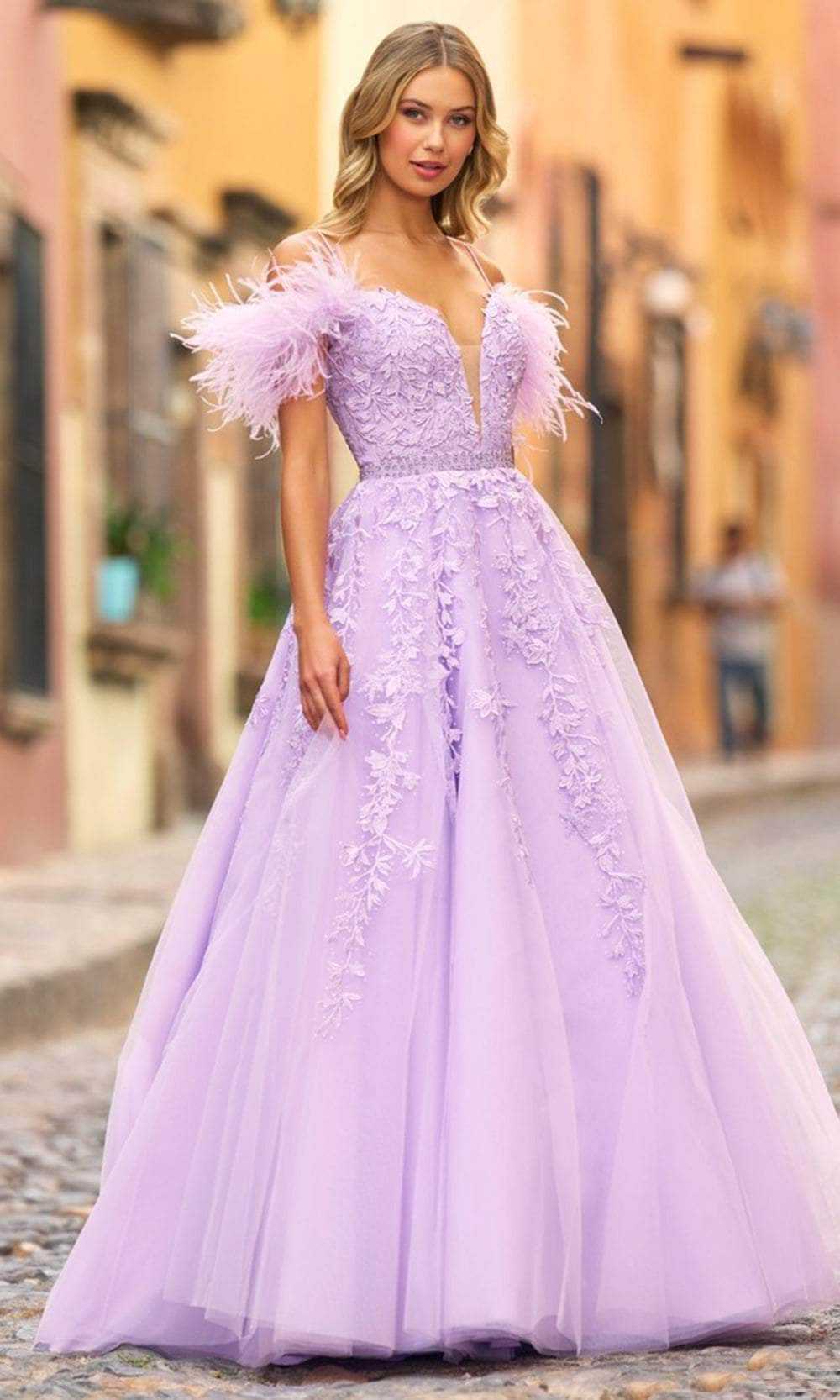 Sherri Hill, Sherri Hill 55329 - Feather Embellished Off-Shoulder Prom Gown