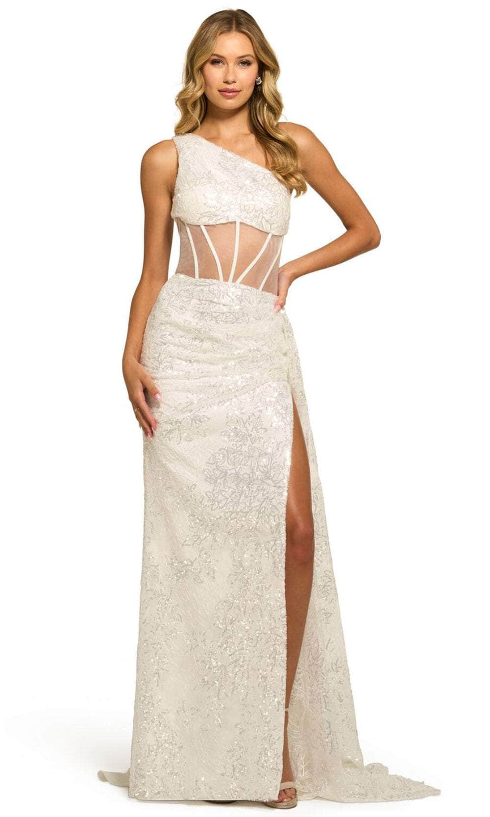 Sherri Hill, Sherri Hill 55426 - Asymmetric Illusion Midriff Evening Gown