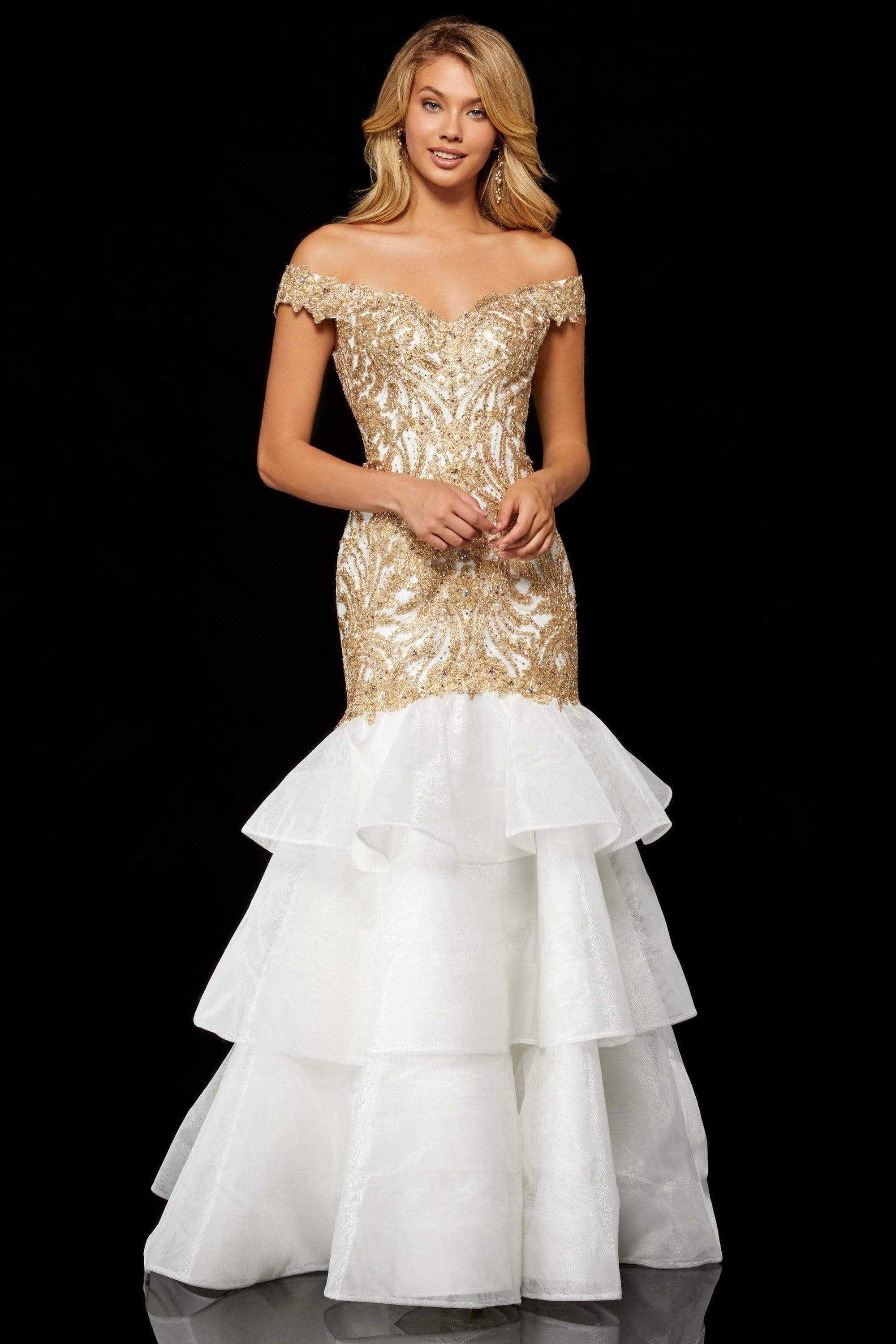 Sherri Hill, Sherri Hill -  Cap Sleeved Off Shoulder Tiered Mermaid Dress 52347 - 2 pc Ivory/Gold In Size 6 and 8 Available