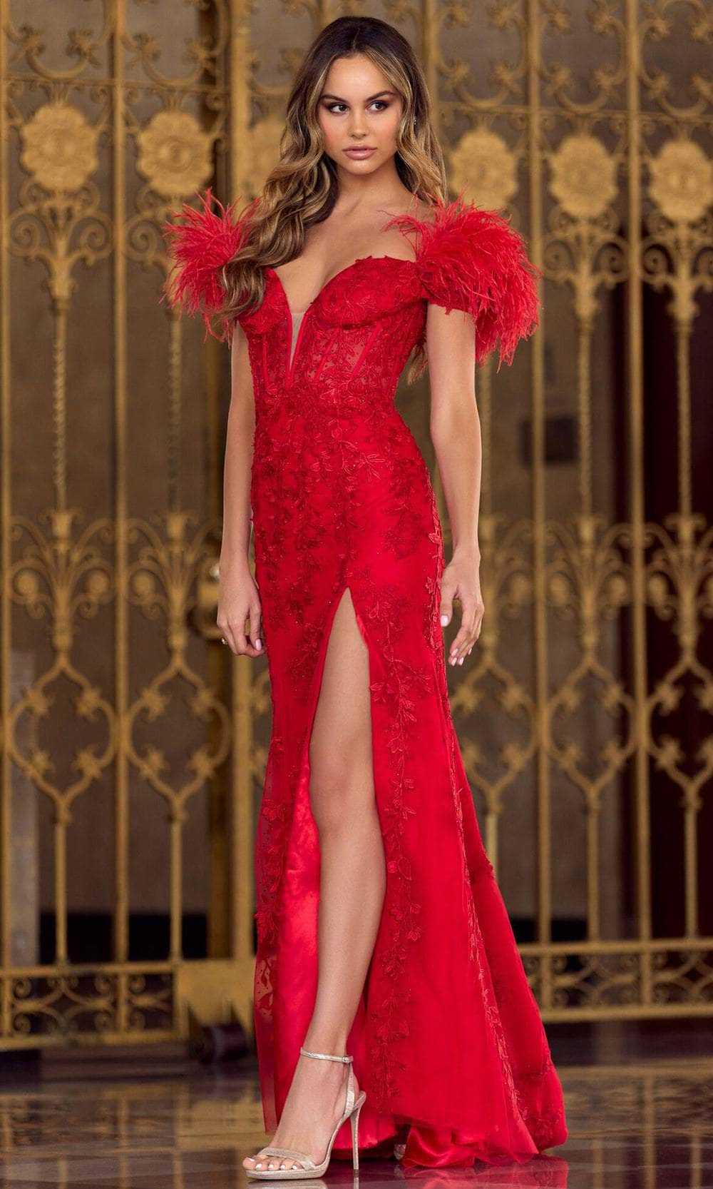 Sherri Hill, Sherri Hill - Deep V-Neck Leaf Lace Prom Gown 55181