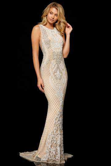 Sherri Hill, Sherri Hill - Embellished Jewel Sheath Gown 52369 - 1 pc Nude/Ivory/Silver In Size 0 Available