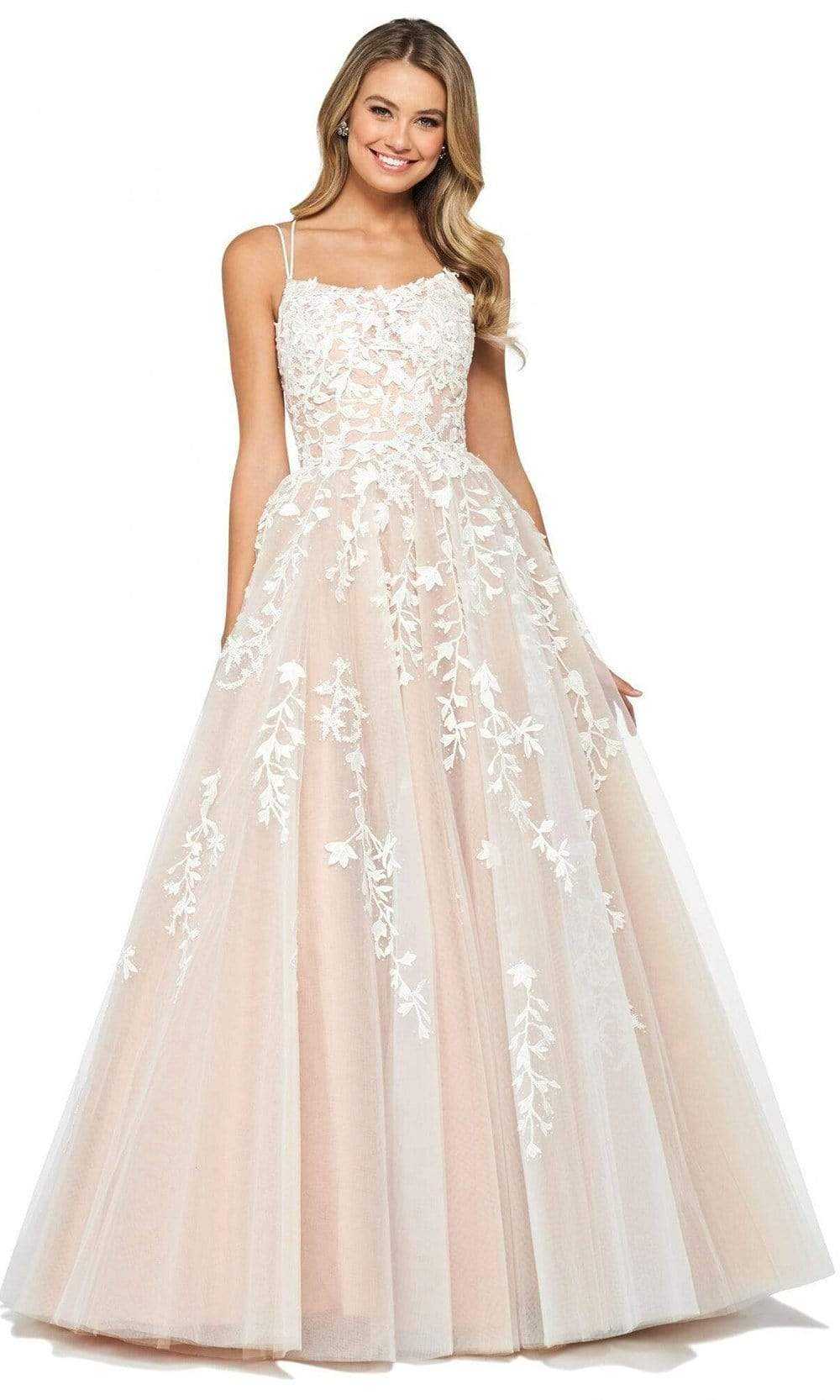 Sherri Hill, Sherri Hill - Floral Lace Appliqued Lace-up Back Ballgown 53116 - 1 pc Ivory/Nude In Size 00 Available