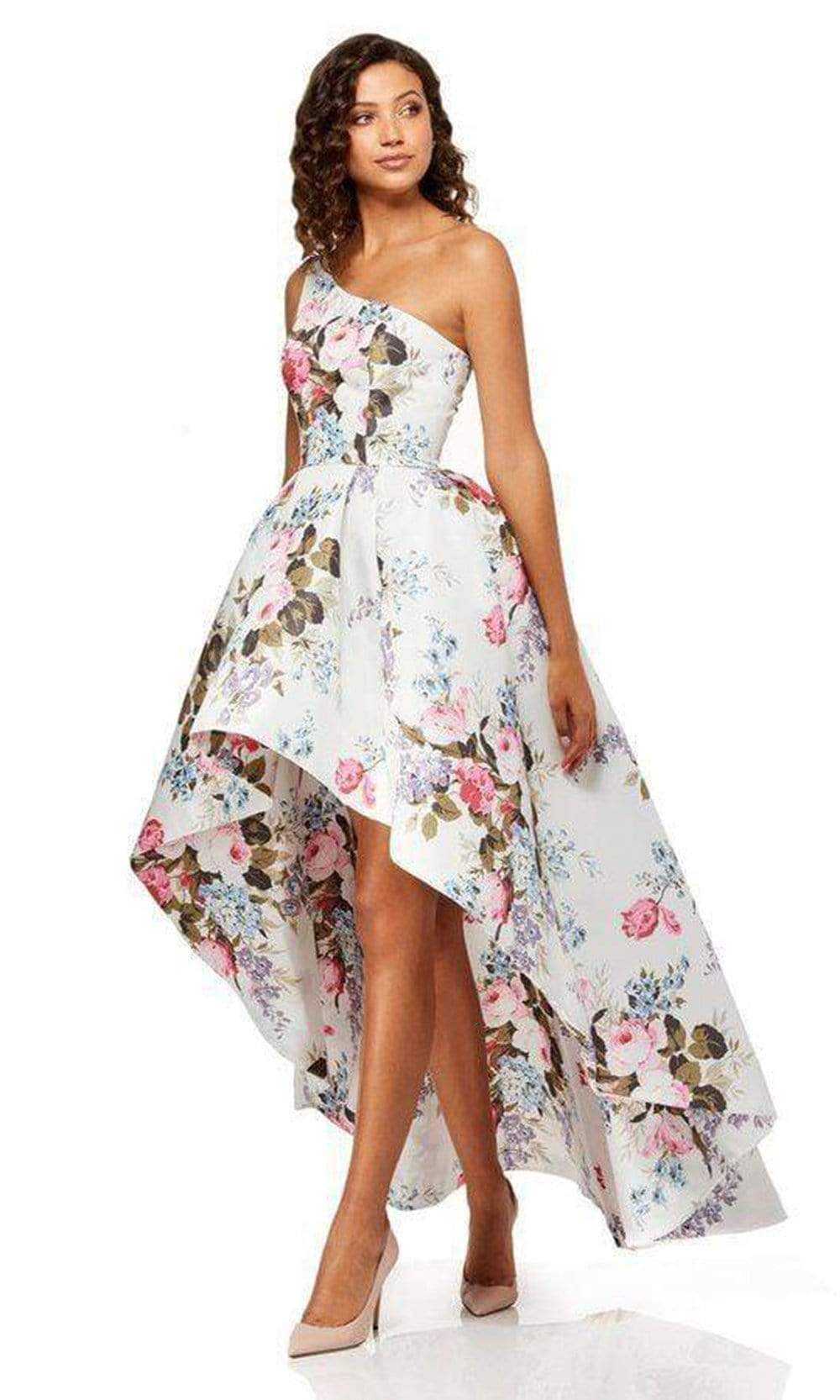 Sherri Hill, Sherri Hill - Floral Single Shoulder A-Line High Low Dress 52489 - 1 pc Ivory Print In Size 8 Available