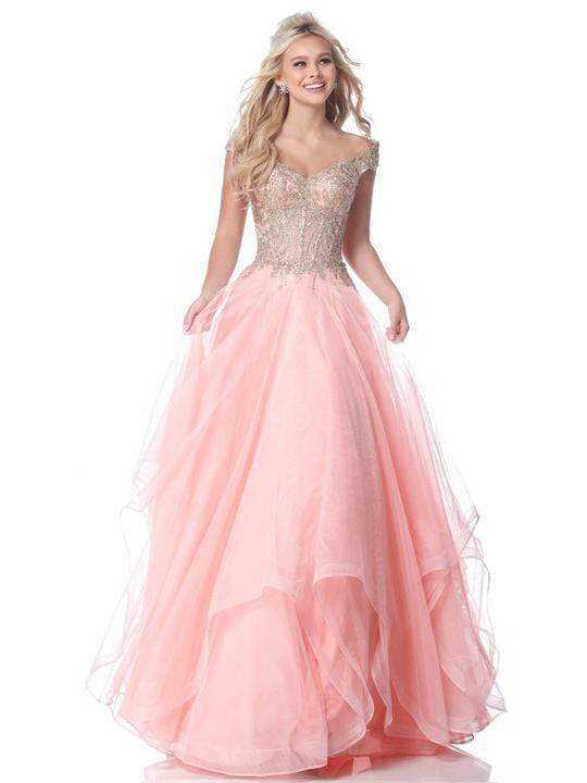 Sherri Hill, Sherri Hill - Lace Appliqued Corset Tiered A Line Dress 51614 - 1 pc Blush/Gold In Size 6 Available