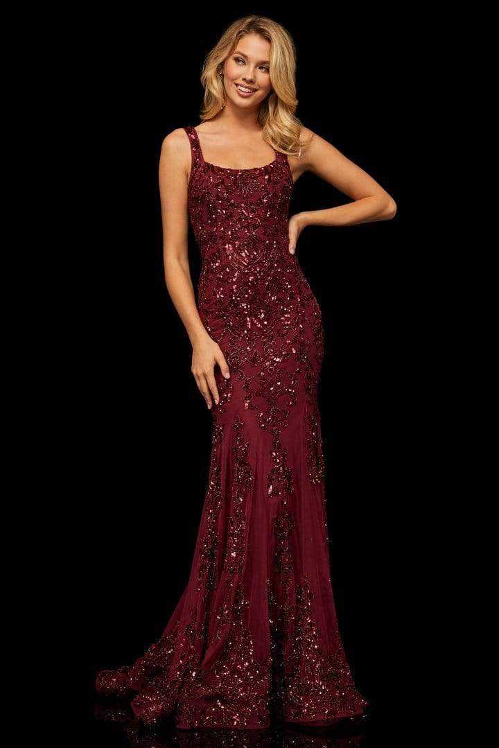 Sherri Hill, Sherri Hill - Long Beaded Lace Mermaid Dress 52925 - 1 pc Burgundy In Size 12 Available