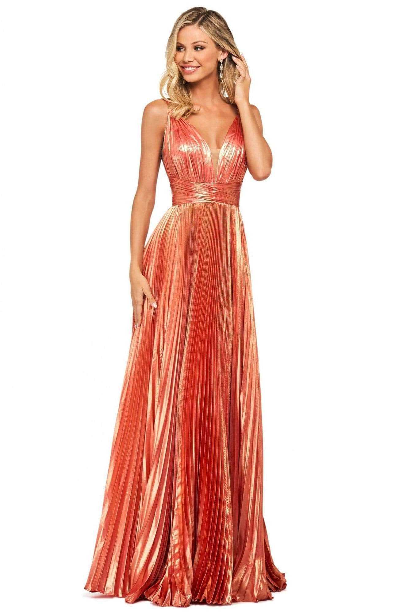 Sherri Hill, Sherri Hill - Plunging V-Neck Metallic Prom Dress 53737