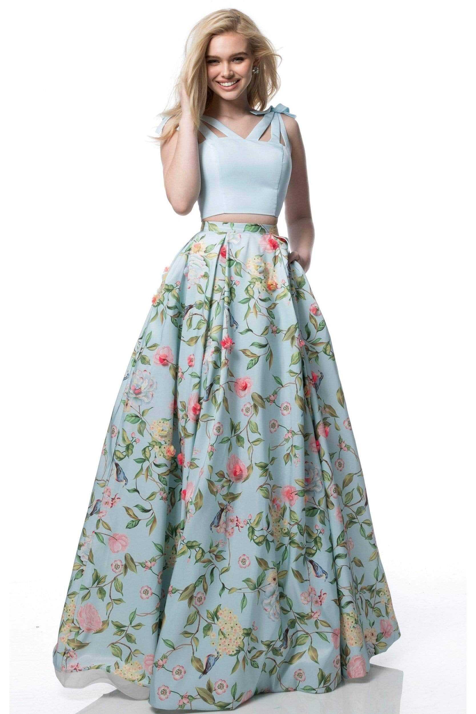 Sherri Hill, Sherri Hill - V-Neck Floral Pleated Prom Dress 51959
