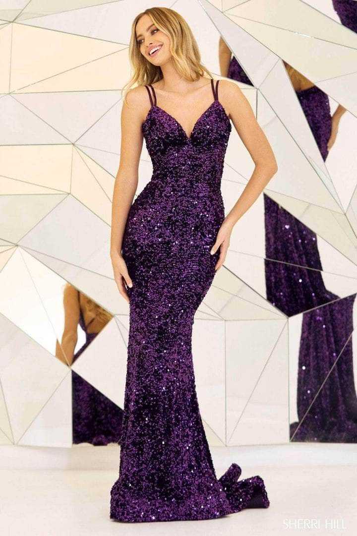 Sherri Hill, Sherri Hill - Velvet Sequin Mermaid Prom Dress 55135 - 1 pc Purple In Size 14 Available