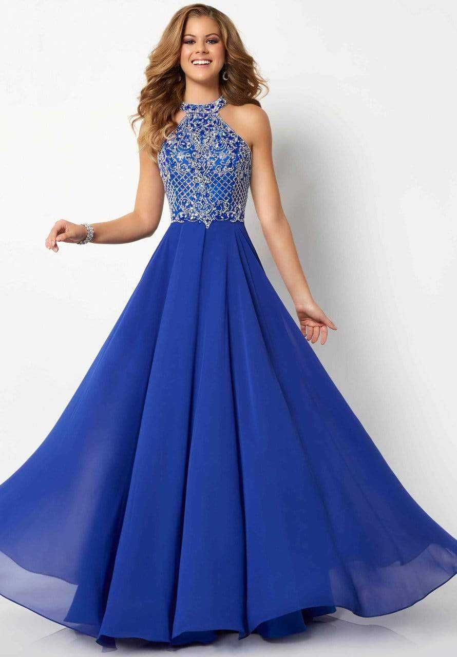 Studio 17, Studio 17 Lattice Jeweled High Halter Chiffon Gown 12698 - 1 pc Royal In Size 10 Available