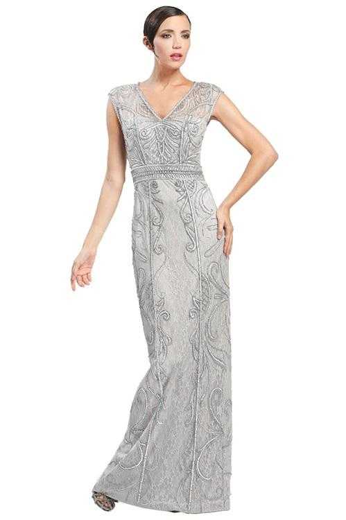 Sue Wong, Sue Wong Cap Sleeve V-neck Long Dress in Platinum W4505